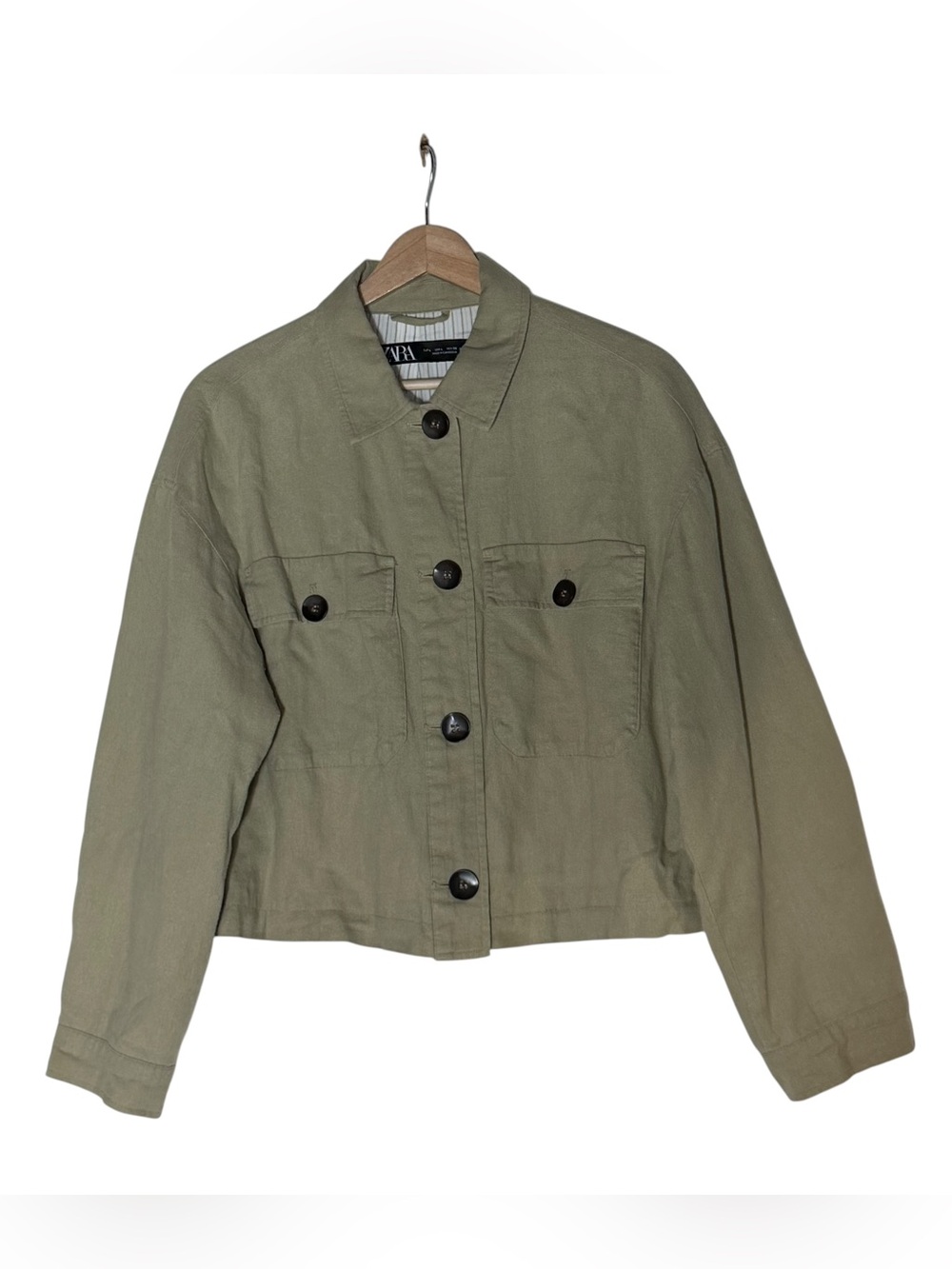 Zara Linen Blend Boxy Cropped Blazer Size L Tan Office Minimalist Office